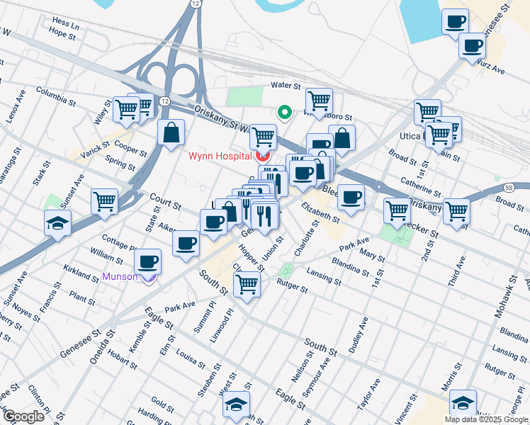 map of restaurants, bars, coffee shops, grocery stores, and more near 224 Genesee Street in Utica