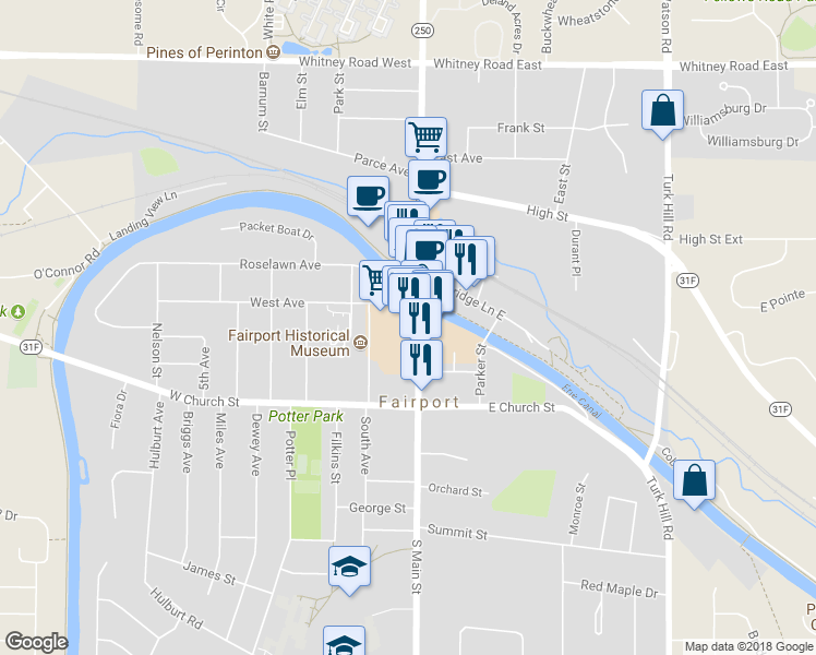 map of restaurants, bars, coffee shops, grocery stores, and more near 83 Fairport Village Landing in Fairport