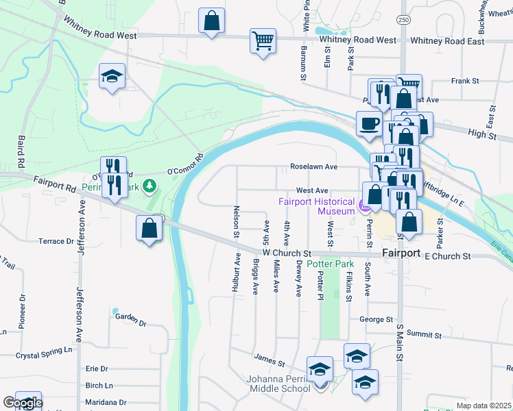 map of restaurants, bars, coffee shops, grocery stores, and more near 8 Galusha Street in Fairport