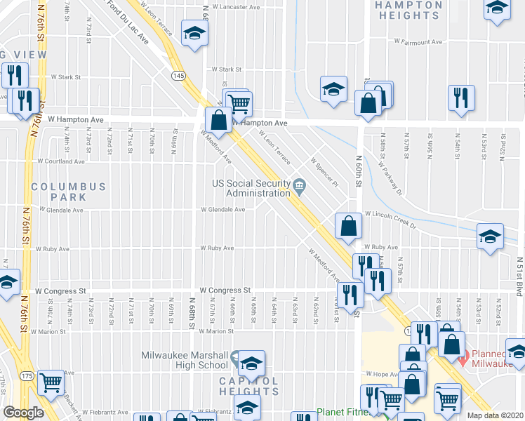 map of restaurants, bars, coffee shops, grocery stores, and more near 4578 North 65th Street in Milwaukee
