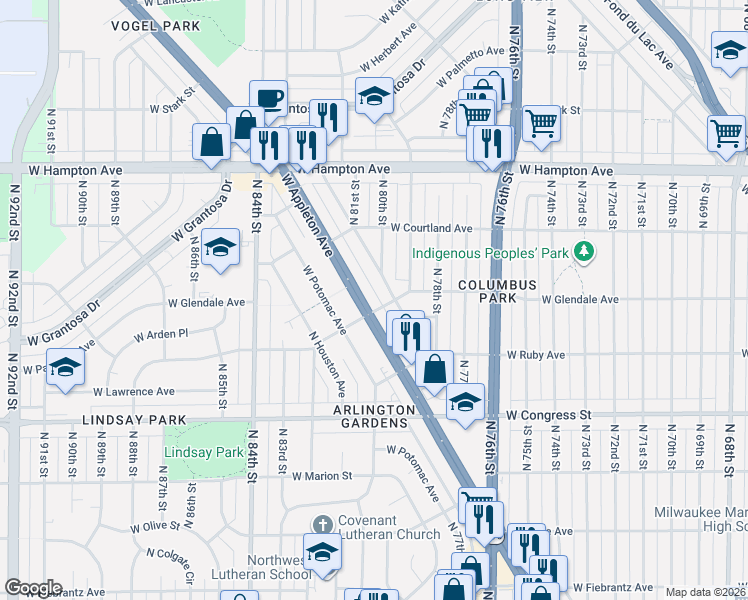 map of restaurants, bars, coffee shops, grocery stores, and more near 8022 West Appleton Avenue in Milwaukee