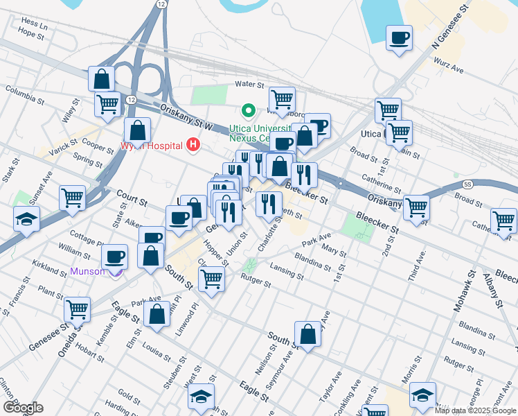 map of restaurants, bars, coffee shops, grocery stores, and more near 7 Devereux Street in Utica
