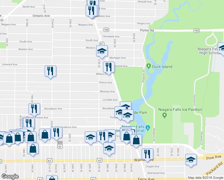map of restaurants, bars, coffee shops, grocery stores, and more near 2746 Whitney Avenue in Niagara Falls