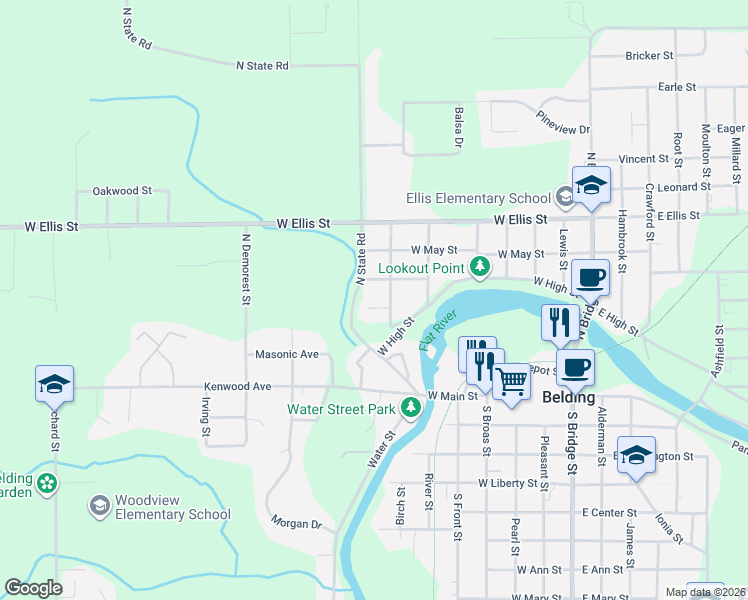 map of restaurants, bars, coffee shops, grocery stores, and more near 731 Williams Street in Belding
