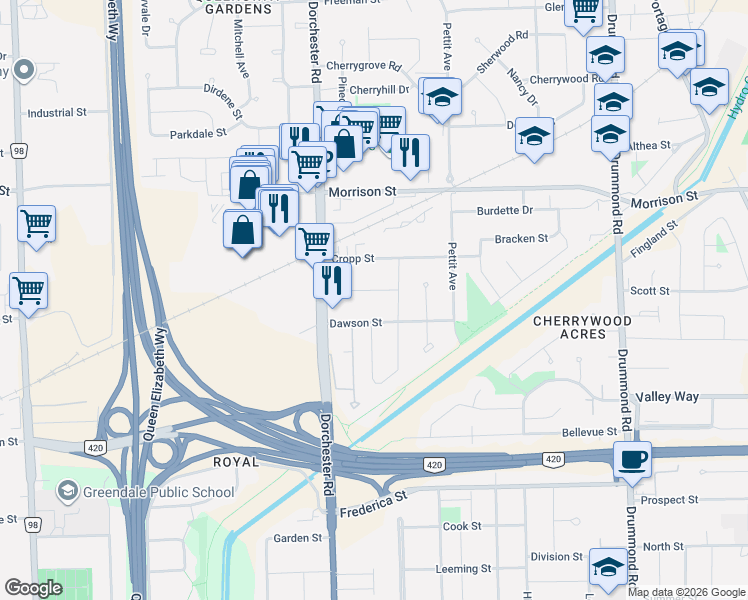 map of restaurants, bars, coffee shops, grocery stores, and more near in Niagara Falls