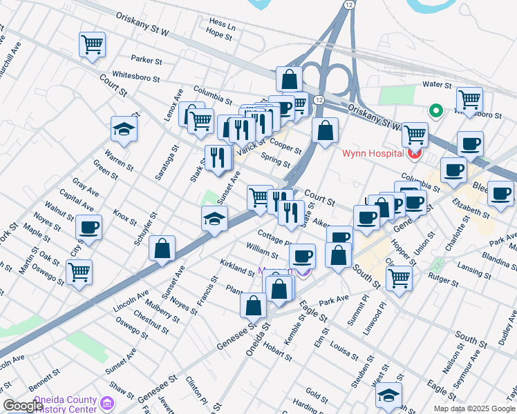 map of restaurants, bars, coffee shops, grocery stores, and more near 700 Bristol St in Utica