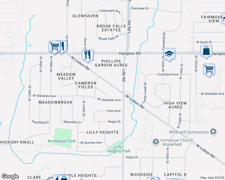 map of restaurants, bars, coffee shops, grocery stores, and more near 14125 West Lisbon Road in Brookfield