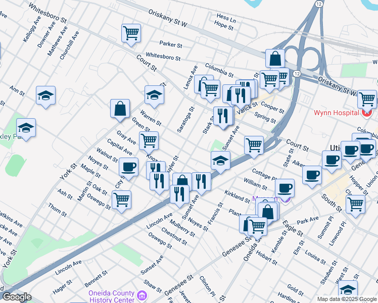 map of restaurants, bars, coffee shops, grocery stores, and more near 911 Green Street in Utica