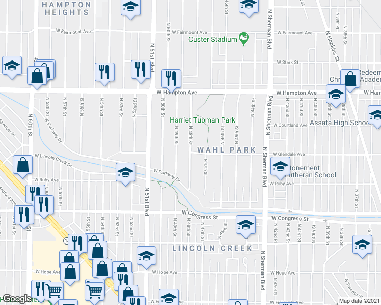 map of restaurants, bars, coffee shops, grocery stores, and more near W Glendale Ave & N 48th St in Milwaukee