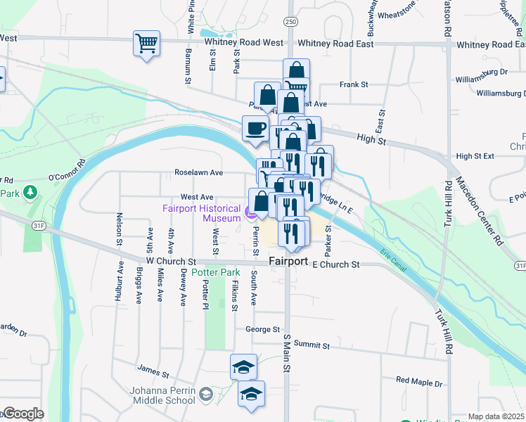 map of restaurants, bars, coffee shops, grocery stores, and more near 200 Fairport Village Landing in Fairport