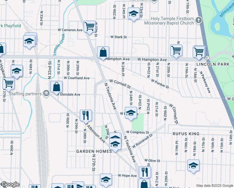 map of restaurants, bars, coffee shops, grocery stores, and more near 2508 West Glendale Avenue in Milwaukee