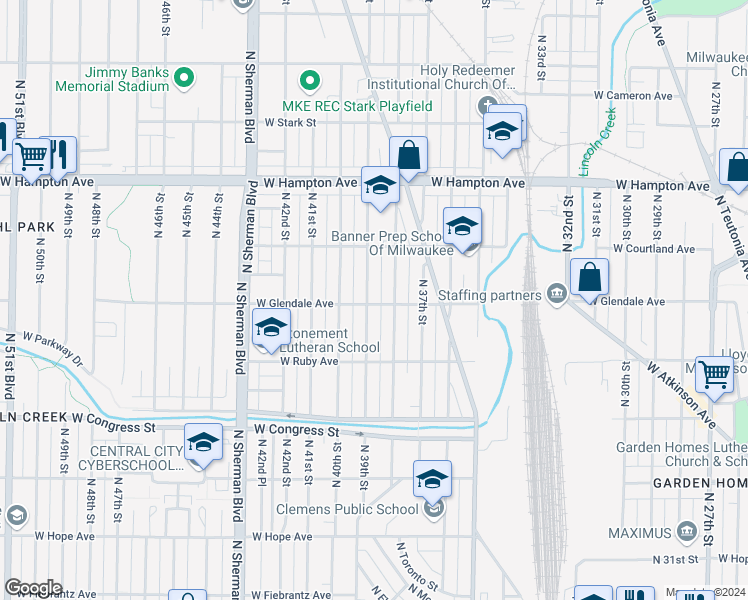 map of restaurants, bars, coffee shops, grocery stores, and more near 4600 North 39th Street in Milwaukee