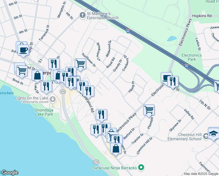map of restaurants, bars, coffee shops, grocery stores, and more near 16 Town Garden Drive in Liverpool
