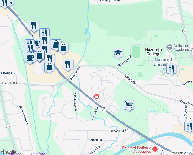 map of restaurants, bars, coffee shops, grocery stores, and more near 20 Colonial Parkway in Pittsford