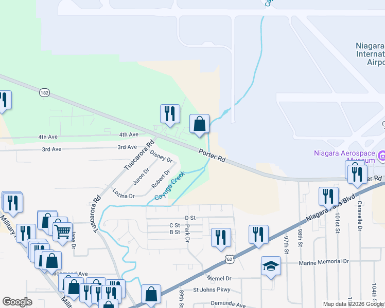 map of restaurants, bars, coffee shops, grocery stores, and more near 9155-9161 Porter Road in Niagara Falls