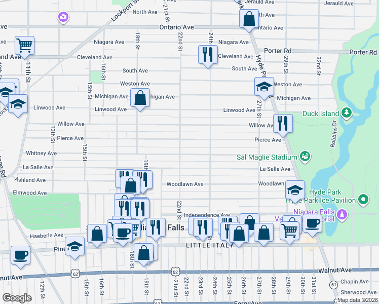 map of restaurants, bars, coffee shops, grocery stores, and more near 2226 Whitney Avenue in Niagara Falls