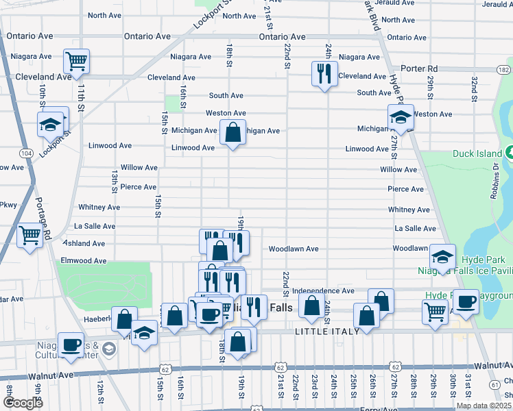 map of restaurants, bars, coffee shops, grocery stores, and more near 1920 Whitney Avenue in Niagara Falls