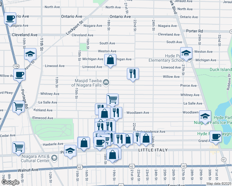 map of restaurants, bars, coffee shops, grocery stores, and more near 1920 Whitney Avenue in Niagara Falls