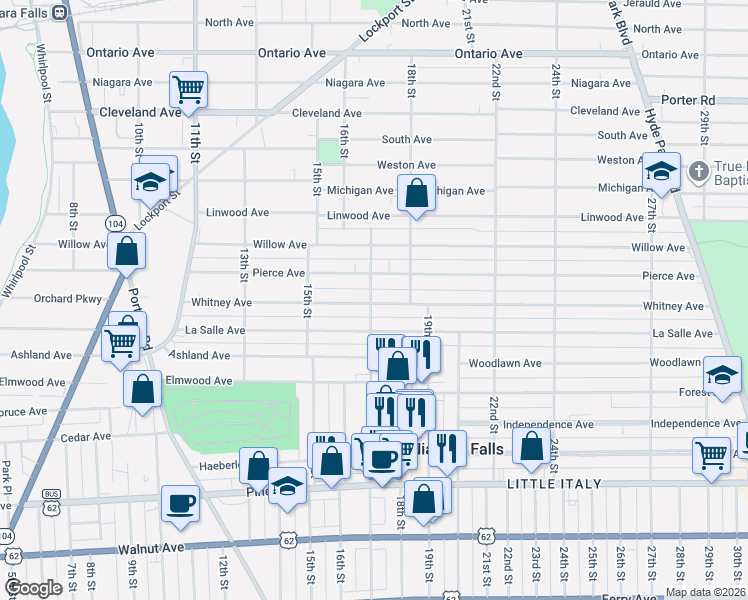 map of restaurants, bars, coffee shops, grocery stores, and more near 1720 Whitney Avenue in Niagara Falls