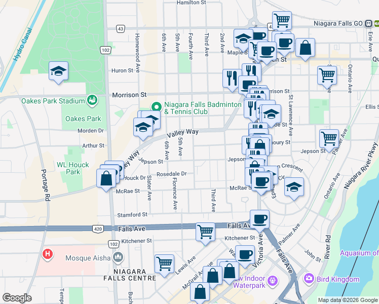 map of restaurants, bars, coffee shops, grocery stores, and more near in Niagara Falls