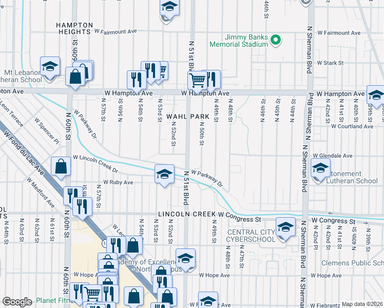 map of restaurants, bars, coffee shops, grocery stores, and more near 4604 North 51st Boulevard in Milwaukee
