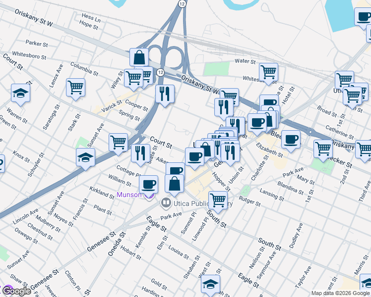 map of restaurants, bars, coffee shops, grocery stores, and more near 400 Court Street in Utica