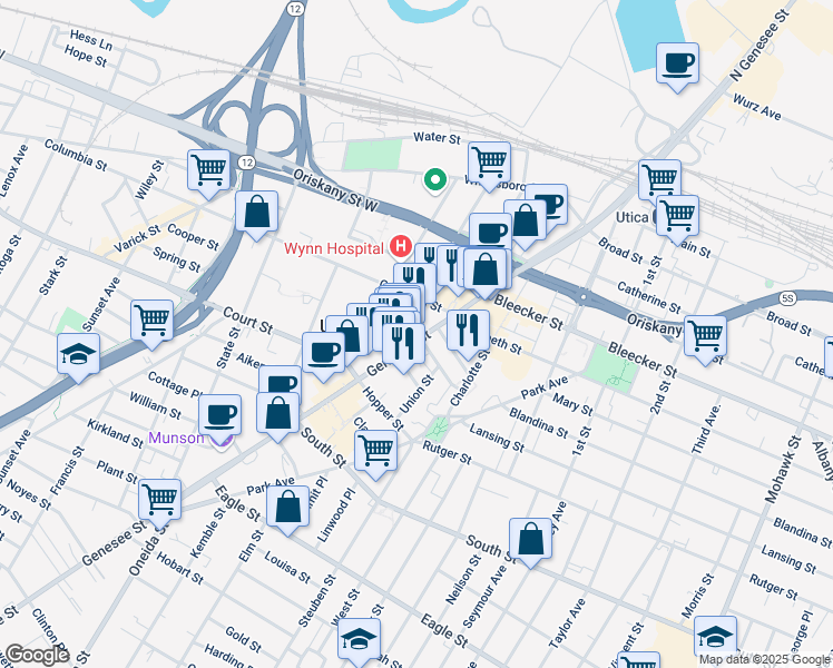 map of restaurants, bars, coffee shops, grocery stores, and more near in Utica
