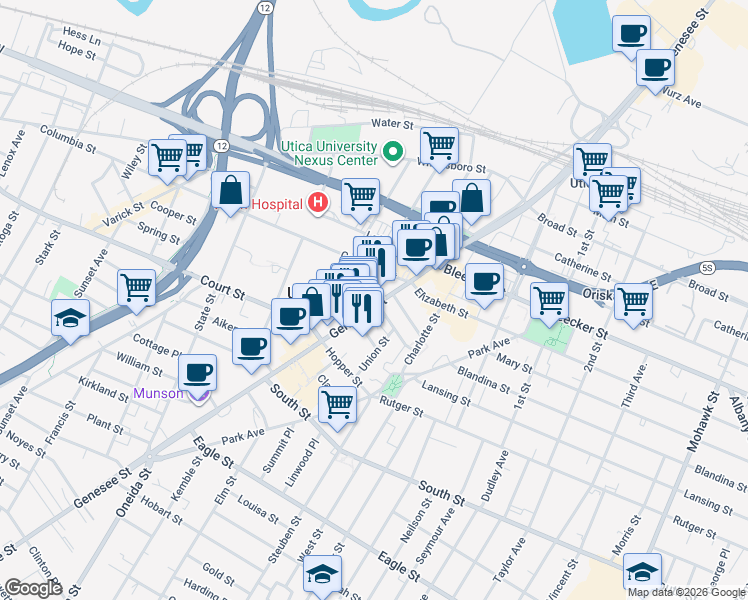 map of restaurants, bars, coffee shops, grocery stores, and more near in Utica