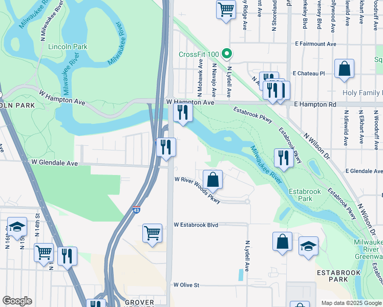 map of restaurants, bars, coffee shops, grocery stores, and more near 4650 North Port Washington Road in Milwaukee