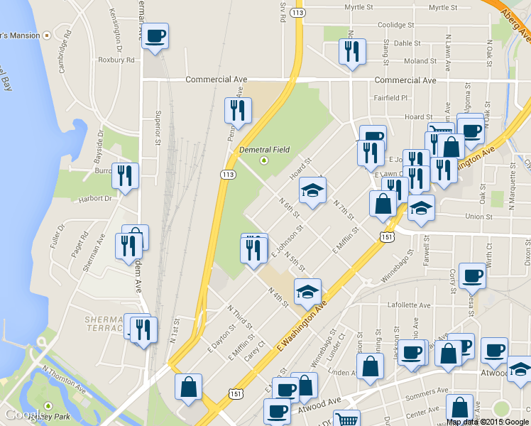 map of restaurants, bars, coffee shops, grocery stores, and more near 2317 Hoard Street in Madison