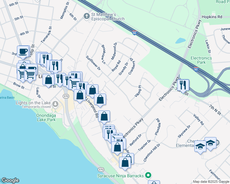 map of restaurants, bars, coffee shops, grocery stores, and more near 16 Town Garden Drive in Liverpool
