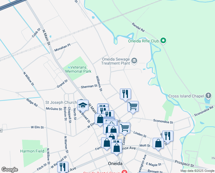 map of restaurants, bars, coffee shops, grocery stores, and more near 216 Sherman St in Oneida