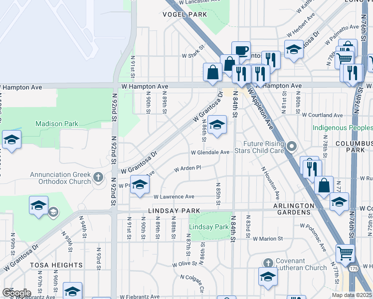 map of restaurants, bars, coffee shops, grocery stores, and more near 8704 West Palmetto Avenue in Milwaukee
