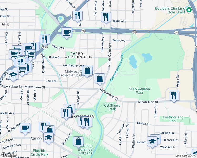 map of restaurants, bars, coffee shops, grocery stores, and more near 3312 Wells Avenue in Madison