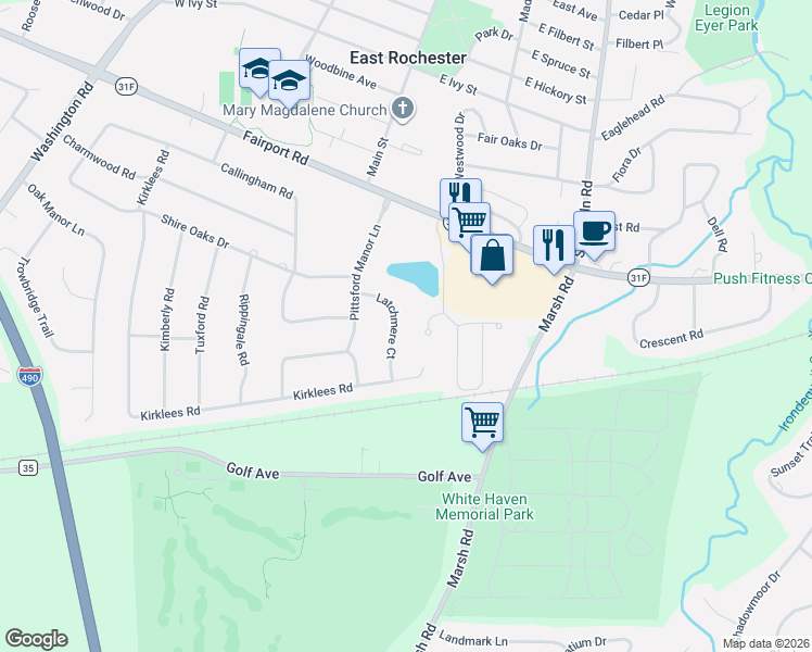 map of restaurants, bars, coffee shops, grocery stores, and more near 19 Pond Bridge Way in East Rochester