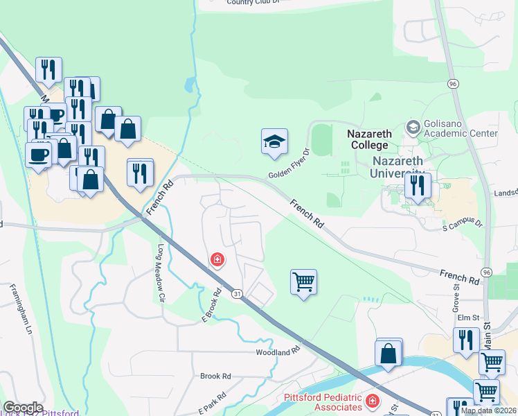 map of restaurants, bars, coffee shops, grocery stores, and more near 30 Colonial Parkway in Pittsford