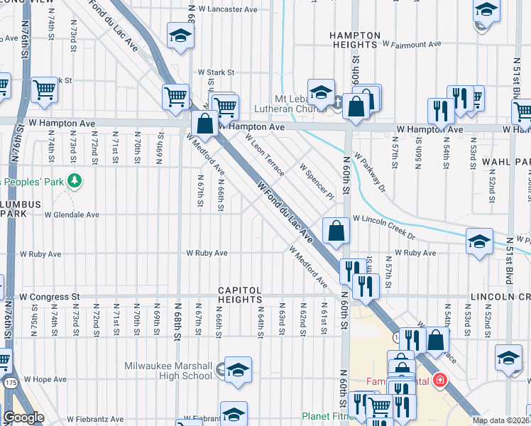 map of restaurants, bars, coffee shops, grocery stores, and more near 6372 West Medford Avenue in Milwaukee