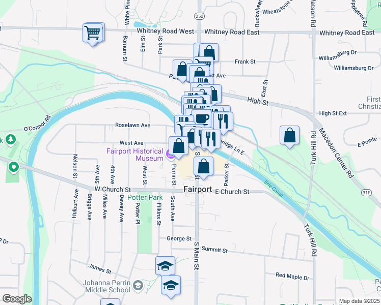 map of restaurants, bars, coffee shops, grocery stores, and more near 149 Fairport Village Landing in Fairport