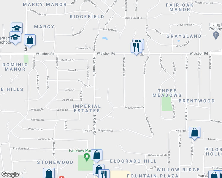 map of restaurants, bars, coffee shops, grocery stores, and more near 4590 Hidden Creek Trail in Brookfield