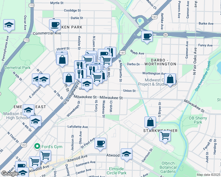 map of restaurants, bars, coffee shops, grocery stores, and more near 2806 Union Street in Madison