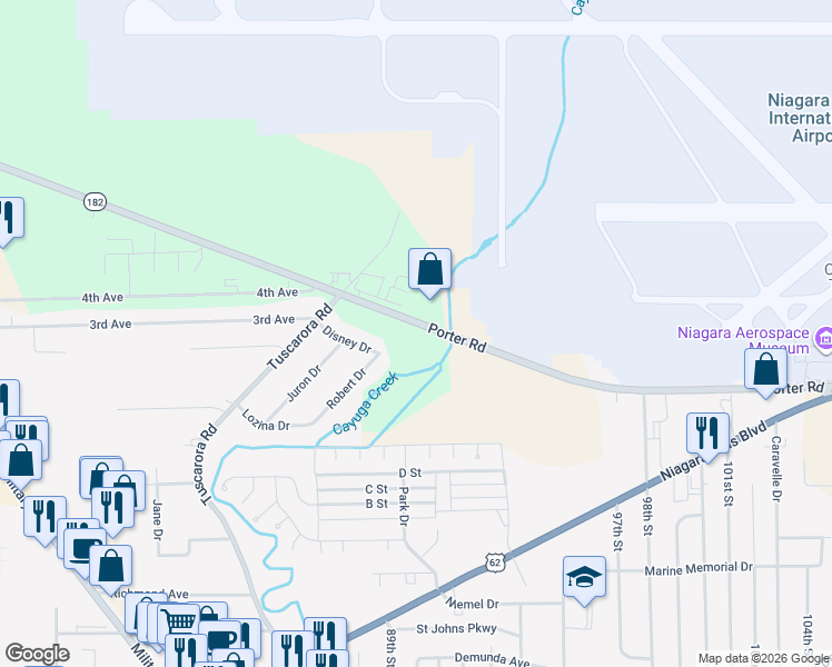 map of restaurants, bars, coffee shops, grocery stores, and more near 9155-9161 Porter Road in Niagara Falls