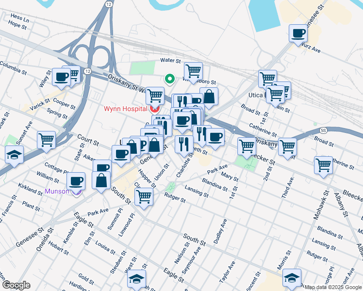 map of restaurants, bars, coffee shops, grocery stores, and more near 193 Genesee Street in Utica