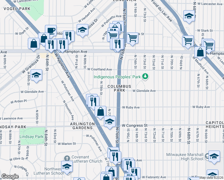 map of restaurants, bars, coffee shops, grocery stores, and more near 7627 West Glendale Avenue in Milwaukee