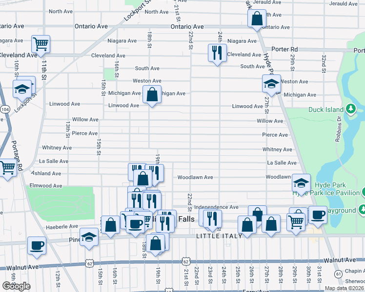 map of restaurants, bars, coffee shops, grocery stores, and more near 1956 Whitney Avenue in Niagara Falls