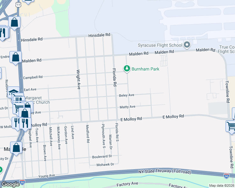 map of restaurants, bars, coffee shops, grocery stores, and more near 300 Florida Road in Mattydale