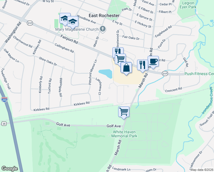 map of restaurants, bars, coffee shops, grocery stores, and more near 19 Pond Bridge Way in East Rochester