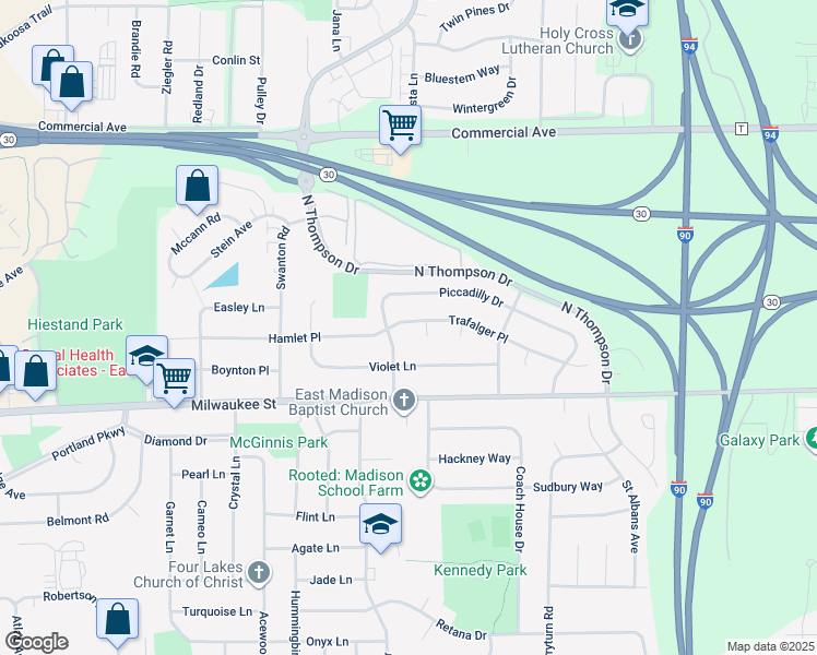 map of restaurants, bars, coffee shops, grocery stores, and more near 5009 Trafalger Place in Madison