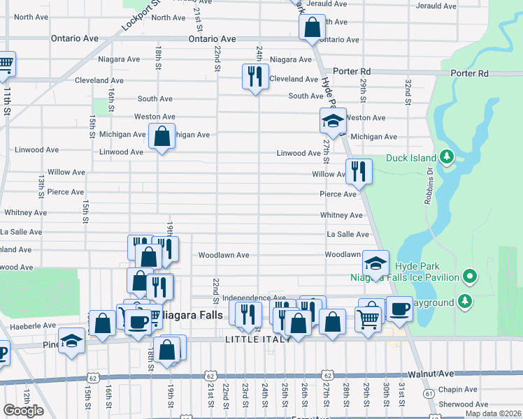 map of restaurants, bars, coffee shops, grocery stores, and more near 2402 Whitney Avenue in Niagara Falls