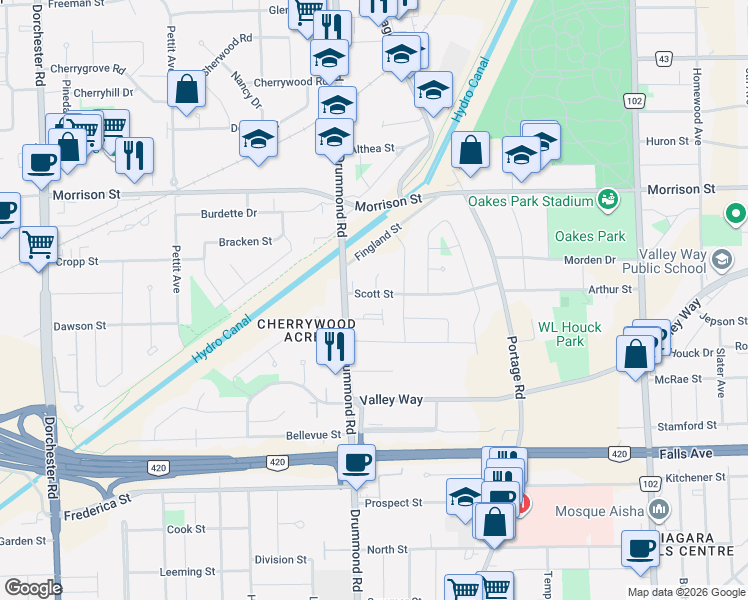map of restaurants, bars, coffee shops, grocery stores, and more near 6142 Scott Street in Niagara Falls