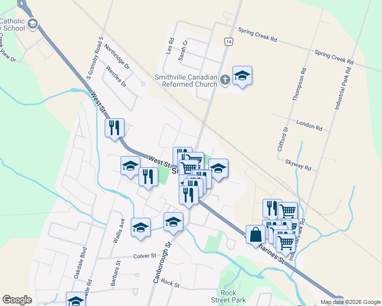 map of restaurants, bars, coffee shops, grocery stores, and more near 233 Station Street in Smithville